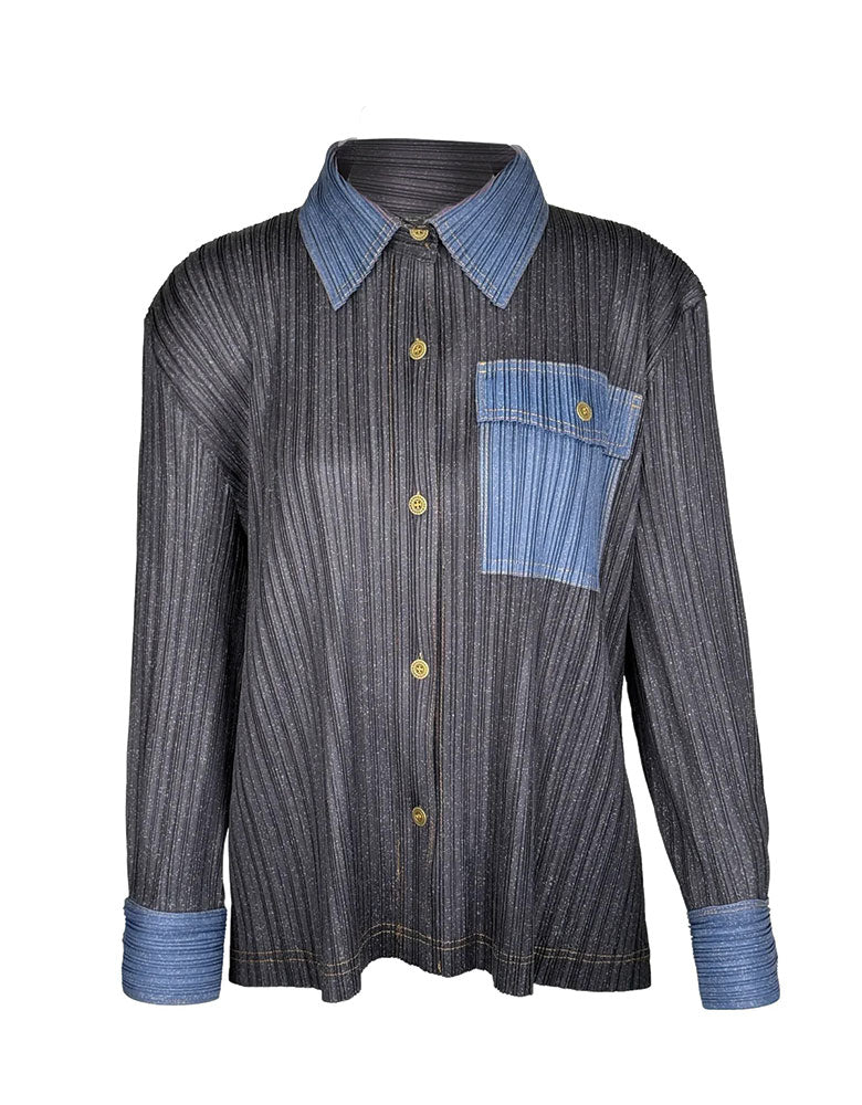 Camille Contrast Denim Pleated Shirt, Black
