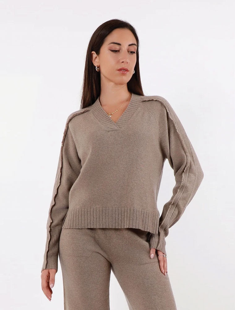 Cashmere Fringed V Neck Sweater, Beige