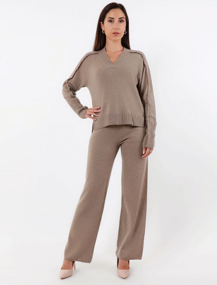 Cashmere Fringed V Neck Sweater, Beige