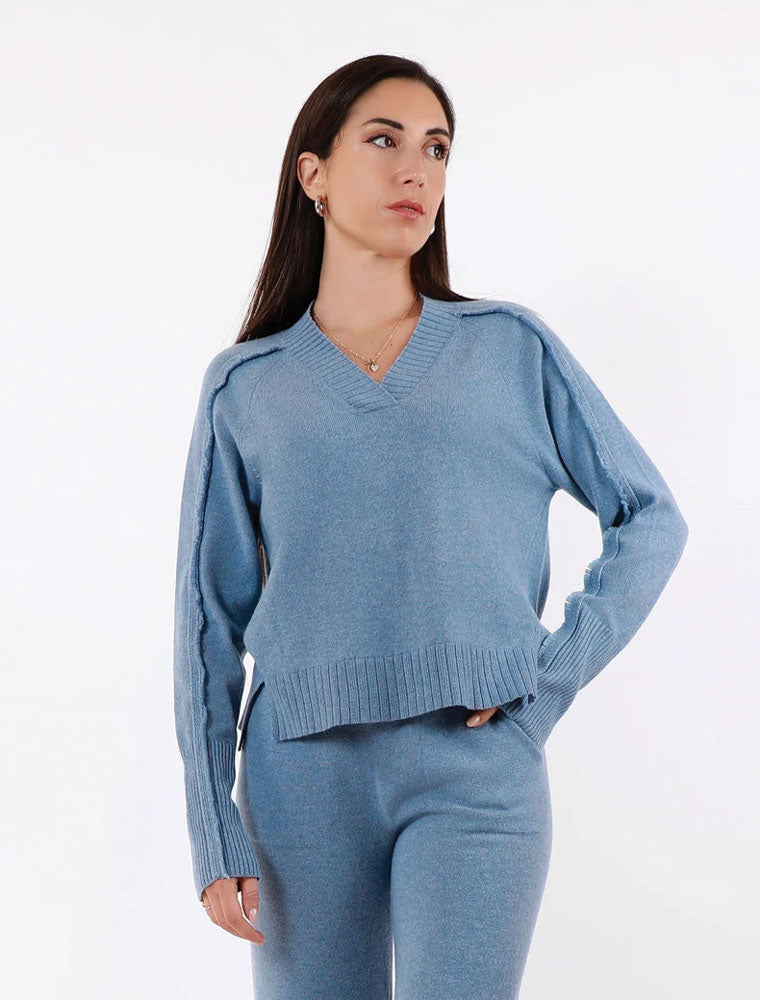 Cashmere Fringed V Neck Sweater, Blue