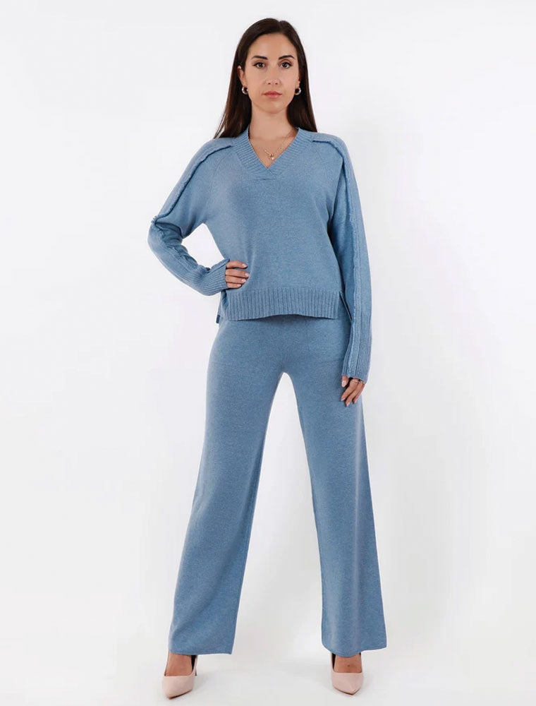 Cashmere Fringed V Neck Sweater, Blue