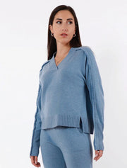 Cashmere Fringed V Neck Sweater, Blue