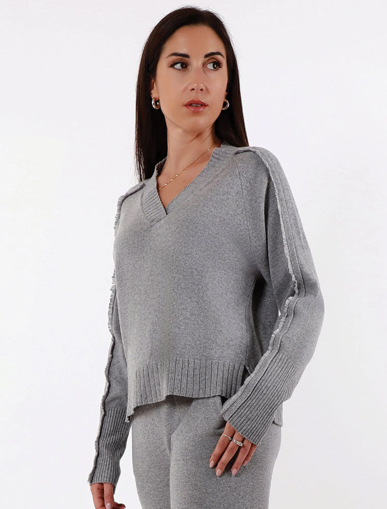 Cashmere Fringed V Neck Sweater, Grey