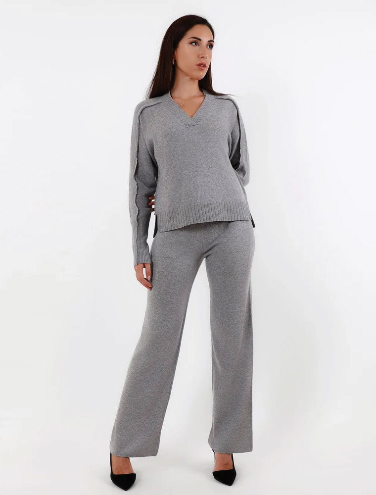 Cashmere Fringed V Neck Sweater, Grey