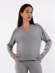 Cashmere Fringed V Neck Sweater, Grey