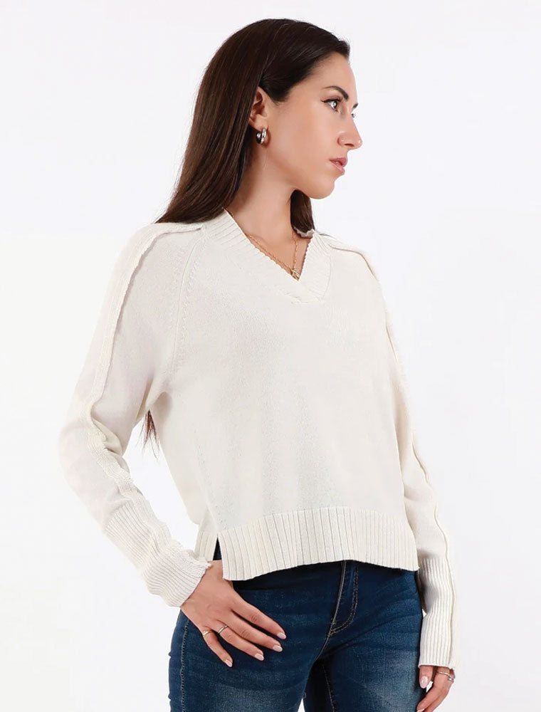 Cashmere Fringed V Neck Sweater, Ivory