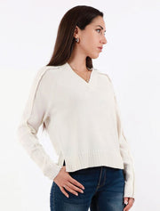 Cashmere Fringed V Neck Sweater, Ivory