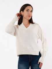 Cashmere Fringed V Neck Sweater, Ivory