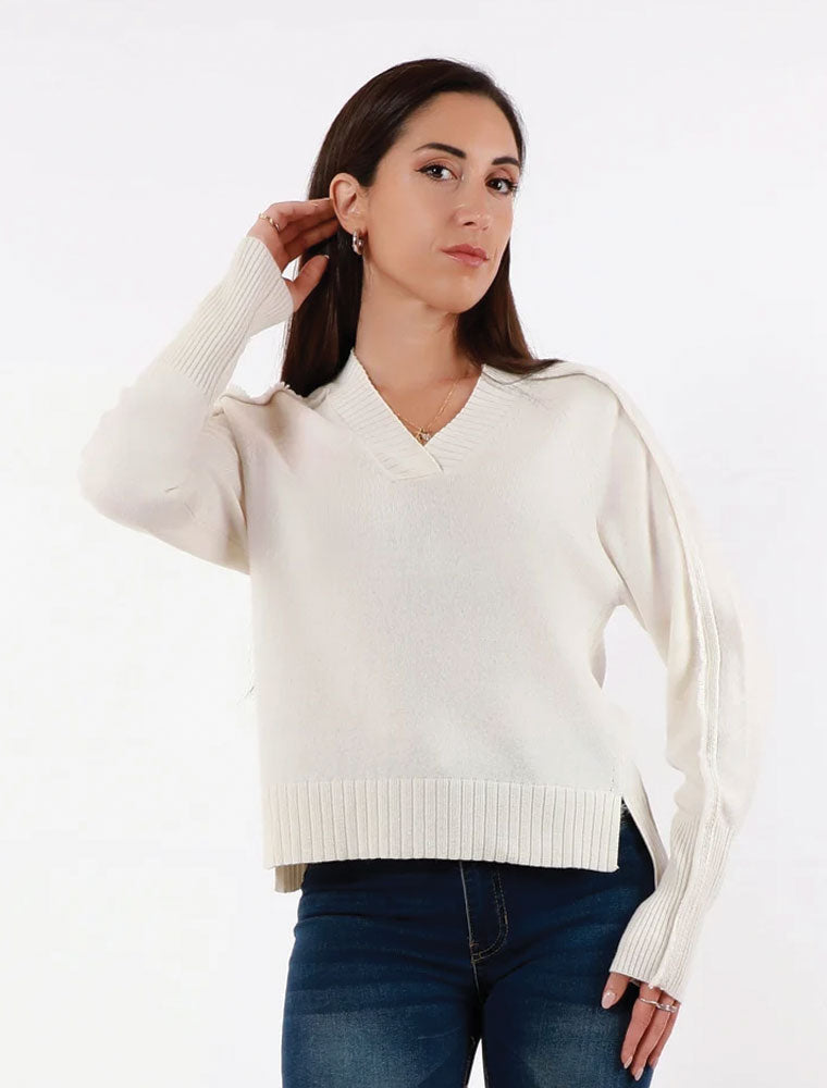 Cashmere Fringed V Neck Sweater, Ivory