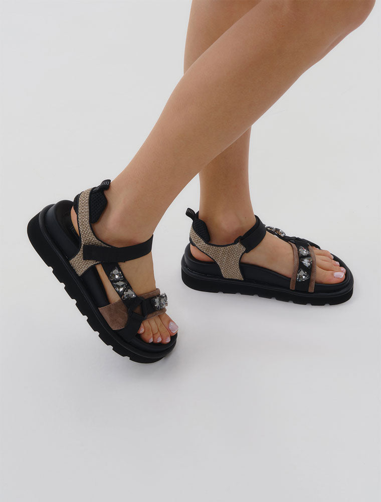 Casual Strappy Sandal with Jewels, Black