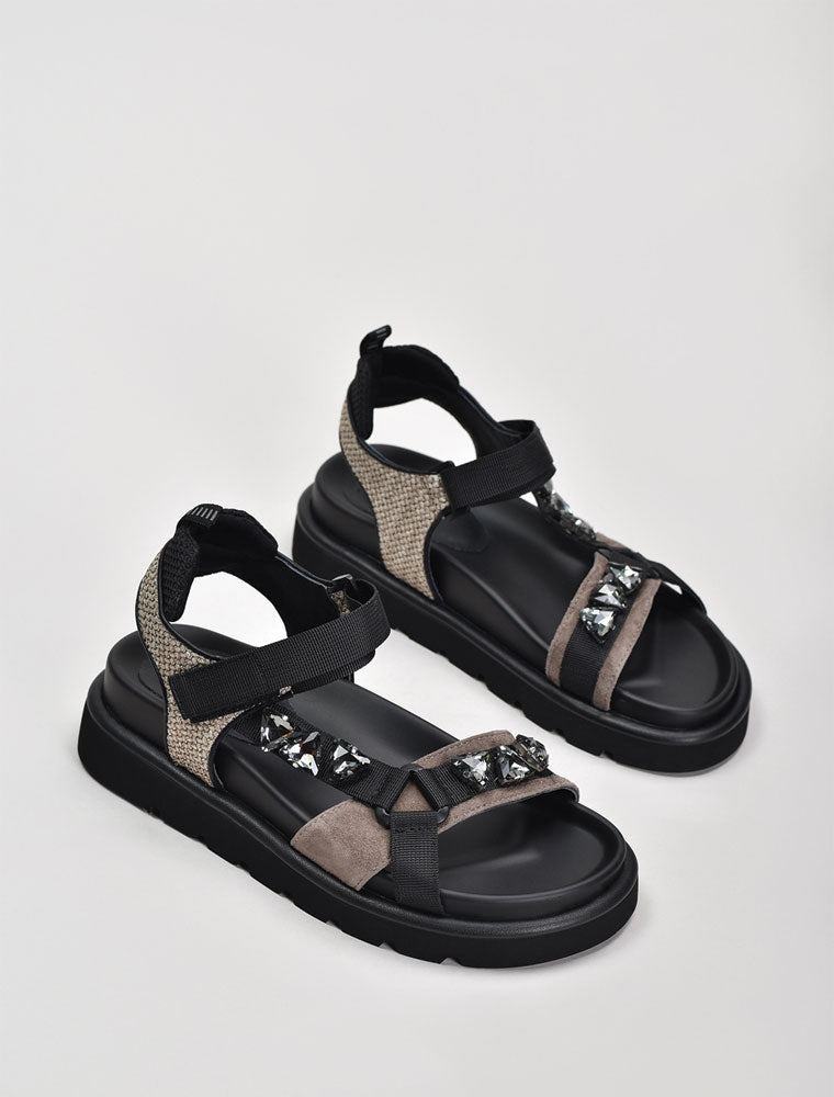 Casual Strappy Sandal with Jewels, Black