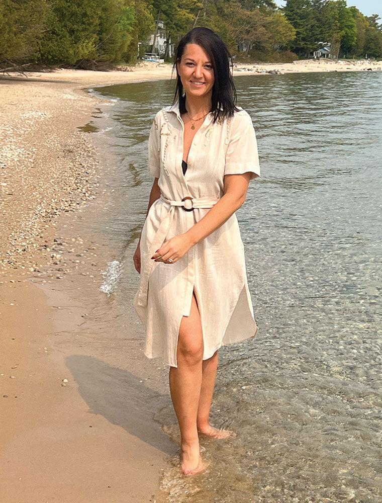 Chain Embroidered Dress, Beige