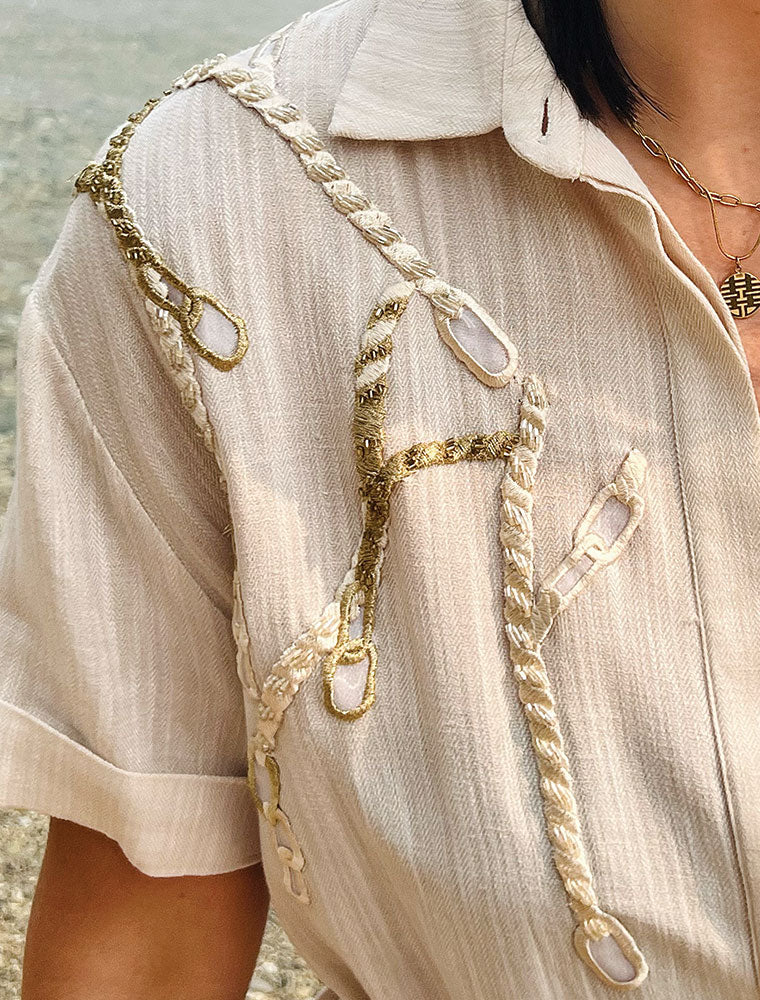 Chain Embroidered Dress, Beige