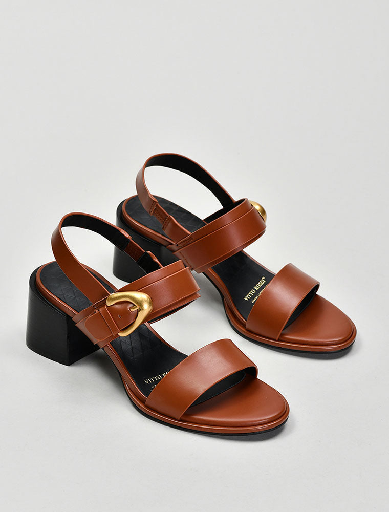 Leather Sandals with Faceted Gold Buckle, Cognac