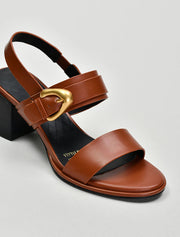 Leather Sandals with Faceted Gold Buckle, Cognac