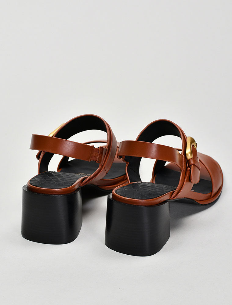 Leather Sandals with Faceted Gold Buckle, Cognac
