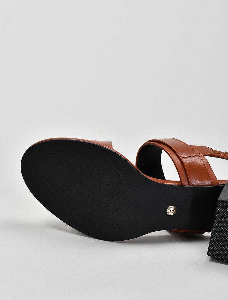 Leather Sandals with Faceted Gold Buckle, Cognac