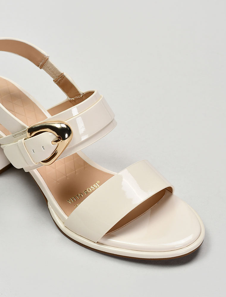 Leather Sandals with Faceted Gold Buckle, Cream
