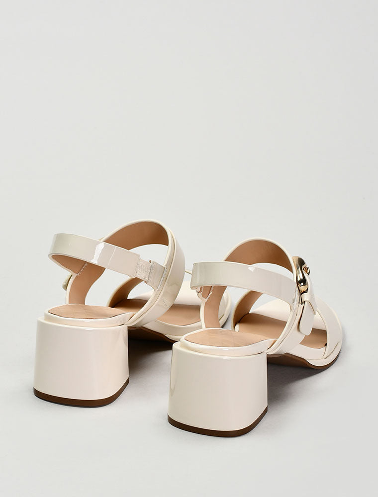 Leather Sandals with Faceted Gold Buckle, Cream