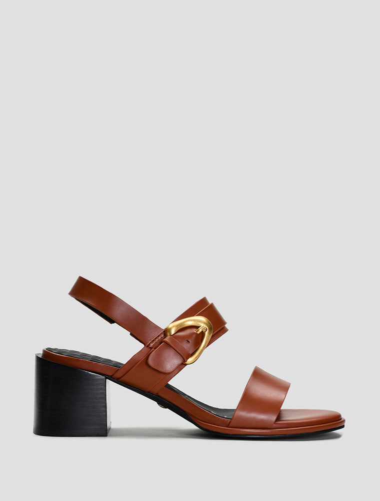 Leather Sandals with Faceted Gold Buckle, Cognac