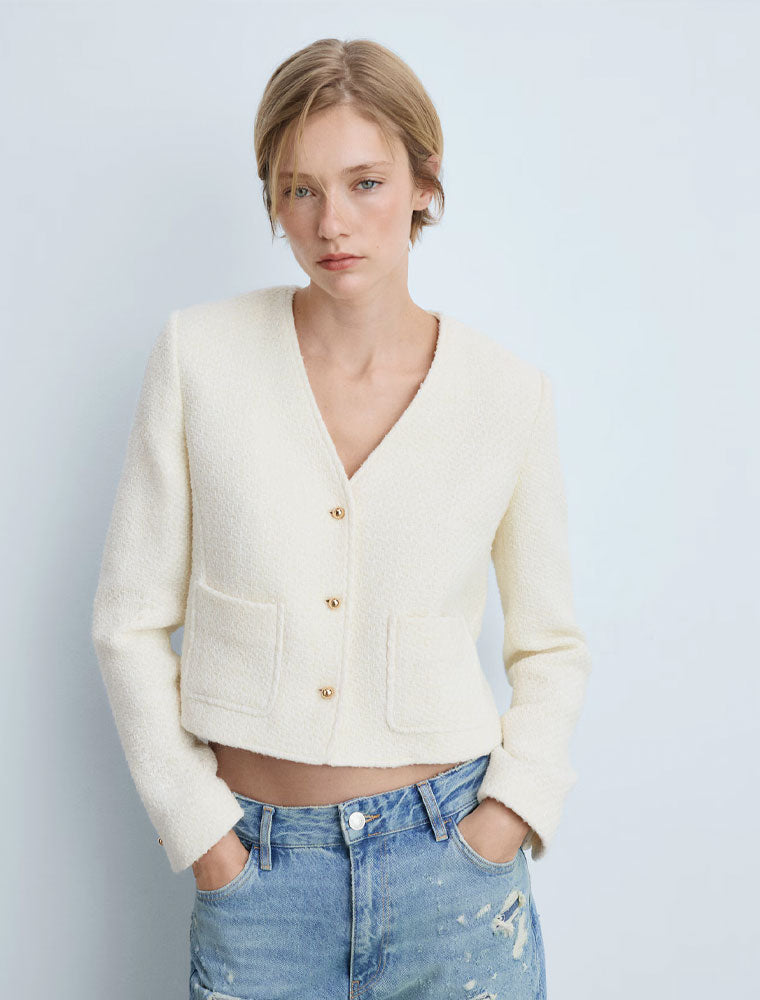 Classic V-Neck Tweed Jacket, Cream