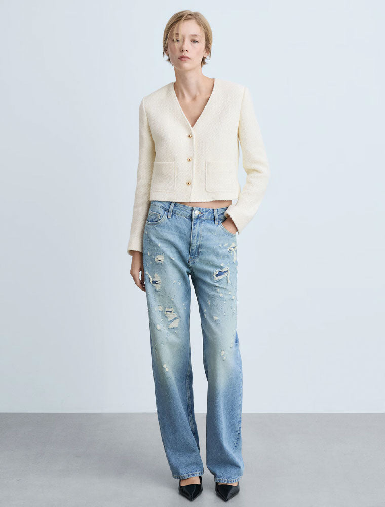 Classic V-Neck Tweed Jacket, Cream