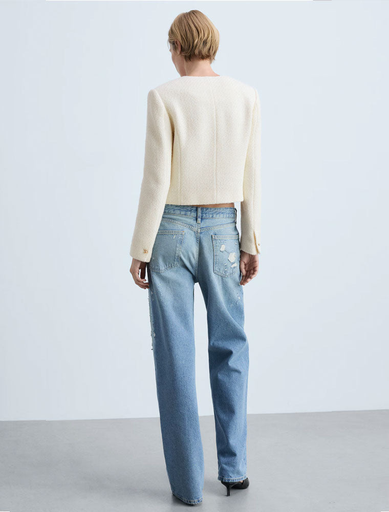 Classic V-Neck Tweed Jacket, Cream