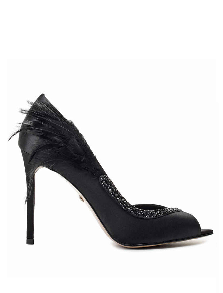 Classic Pump with Crystals and Feathers, Black