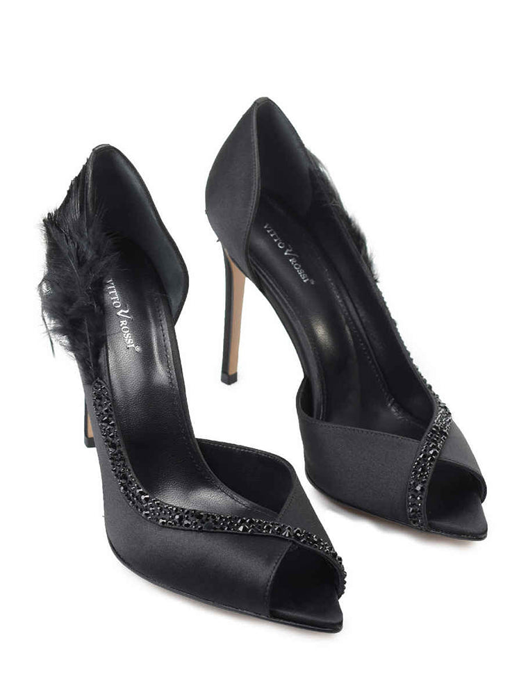 Classic Pump with Crystals and Feathers, Black