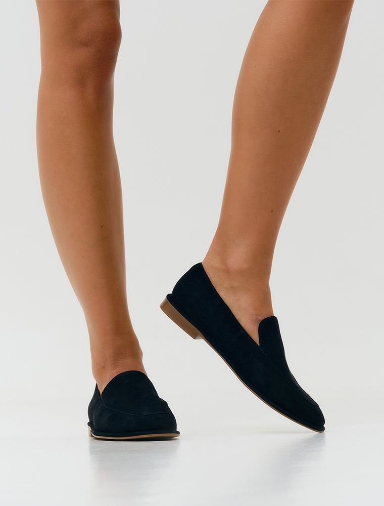 Classic Squared Toe Suede Loafers, Black