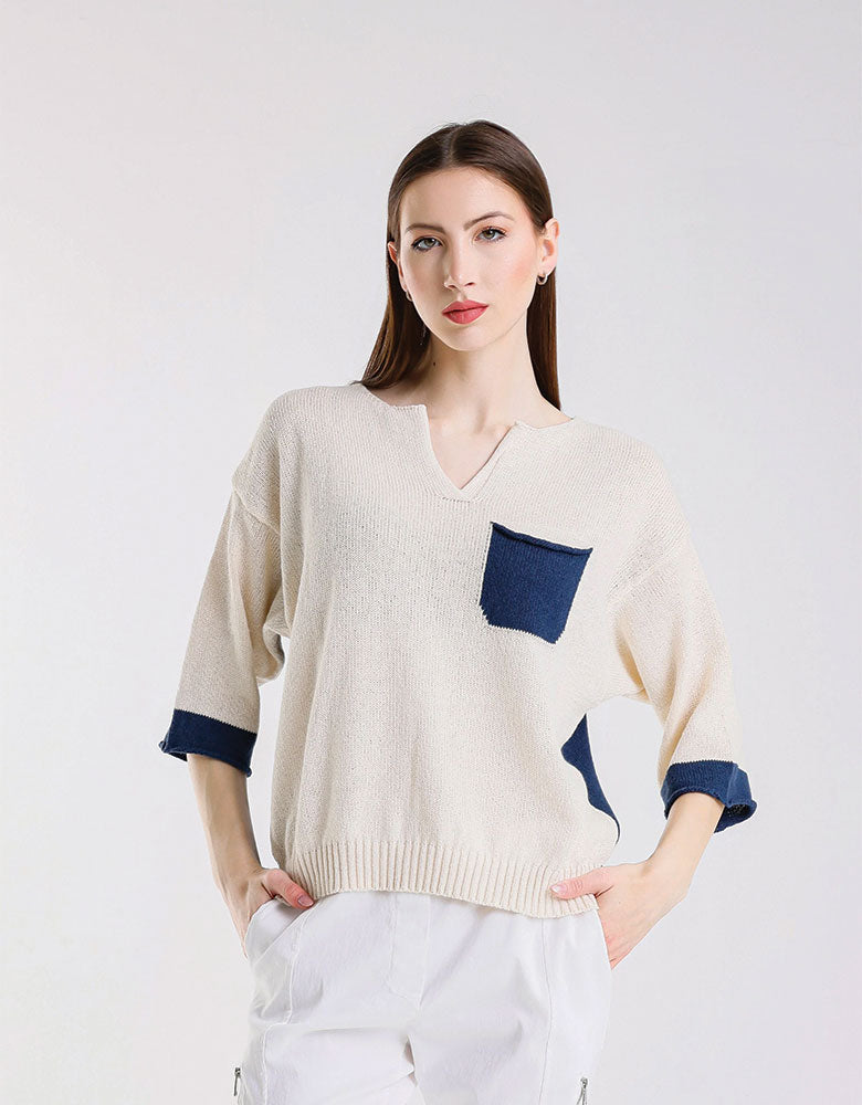 Color Contrast Front Pocket Sweater, Ivory/Blue