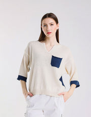 Color Contrast Front Pocket Sweater, Ivory/Blue