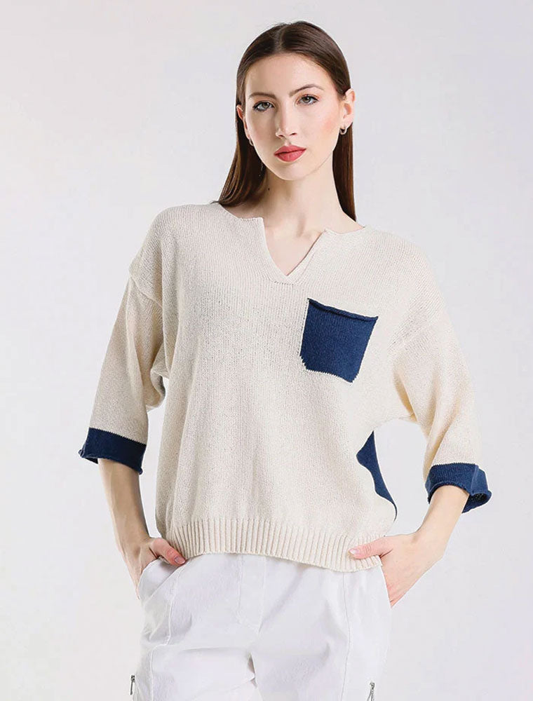 Color Contrast Front Pocket Sweater, Ivory/Blue