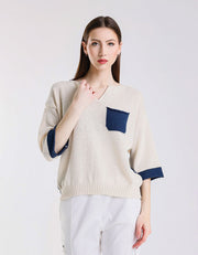 Color Contrast Front Pocket Sweater, Ivory/Blue