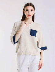 Color Contrast Front Pocket Sweater, Ivory/Blue