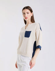 Color Contrast Front Pocket Sweater, Ivory/Blue
