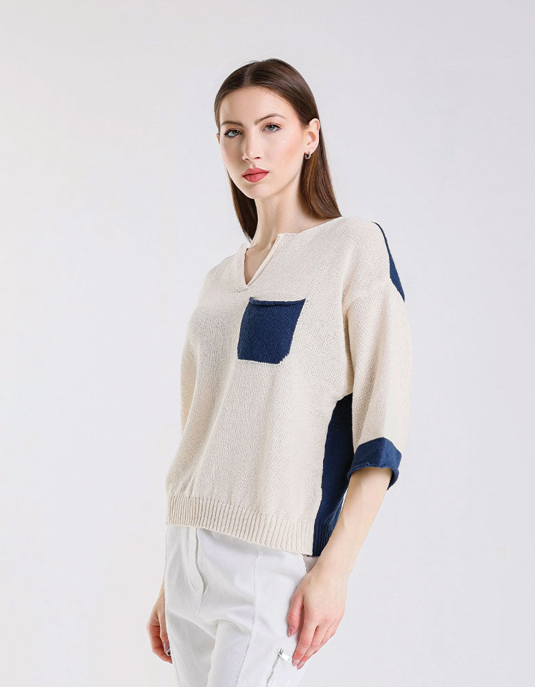 Color Contrast Front Pocket Sweater, Ivory/Blue