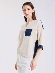 Color Contrast Front Pocket Sweater, Ivory/Blue