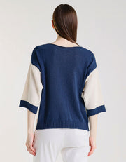 Color Contrast Front Pocket Sweater, Ivory/Blue