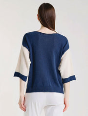Color Contrast Front Pocket Sweater, Ivory/Blue