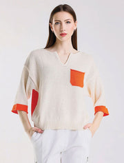 Color Contrast Front Pocket Sweater, Ivory/Orange