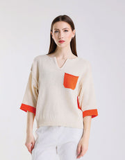 Color Contrast Front Pocket Sweater, Ivory/Orange
