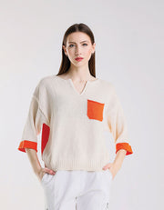 Color Contrast Front Pocket Sweater, Ivory/Orange