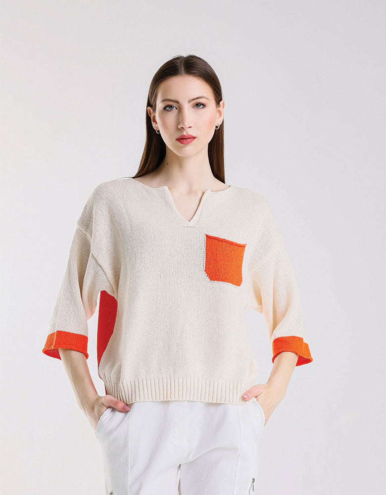 Color Contrast Front Pocket Sweater, Ivory/Orange