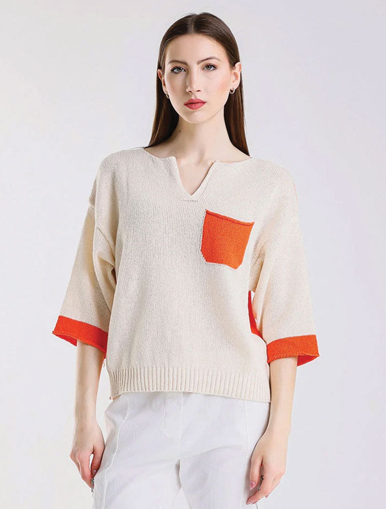 Color Contrast Front Pocket Sweater, Ivory/Orange