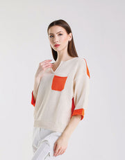 Color Contrast Front Pocket Sweater, Ivory/Orange