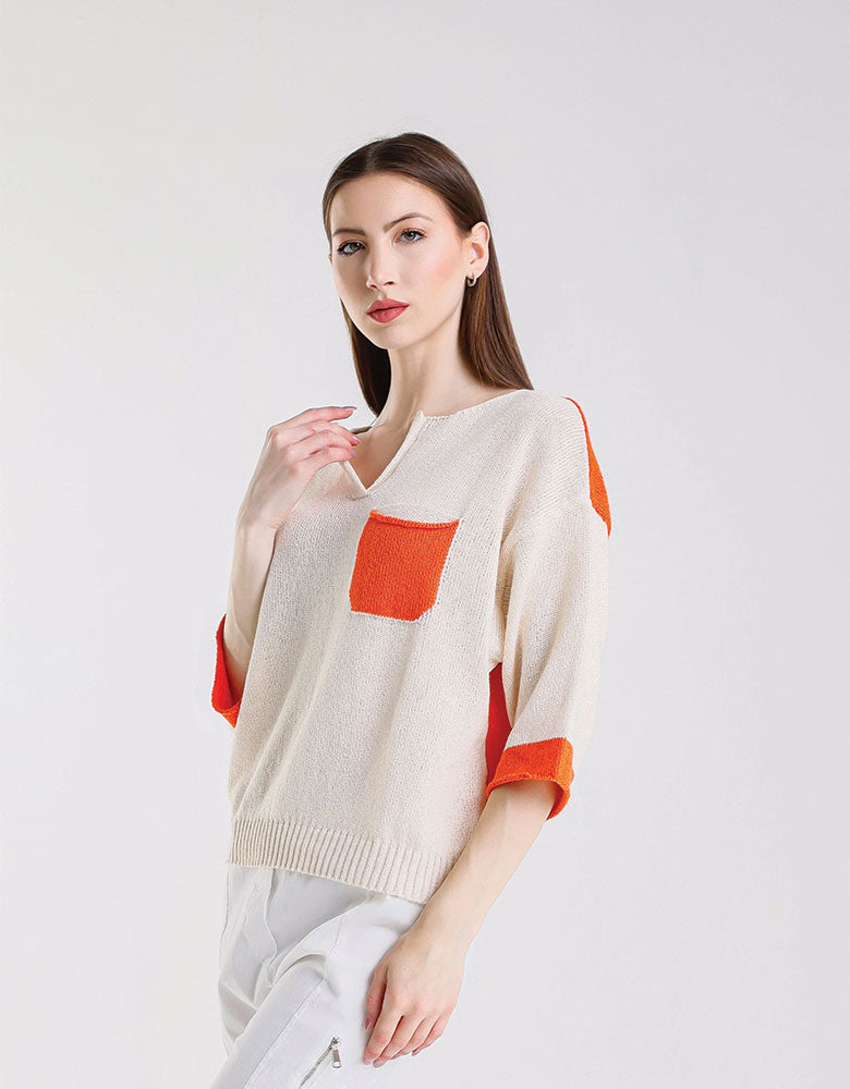 Color Contrast Front Pocket Sweater, Ivory/Orange