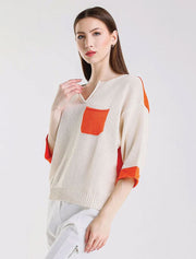Color Contrast Front Pocket Sweater, Ivory/Orange
