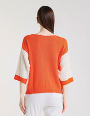 Color Contrast Front Pocket Sweater, Ivory/Orange