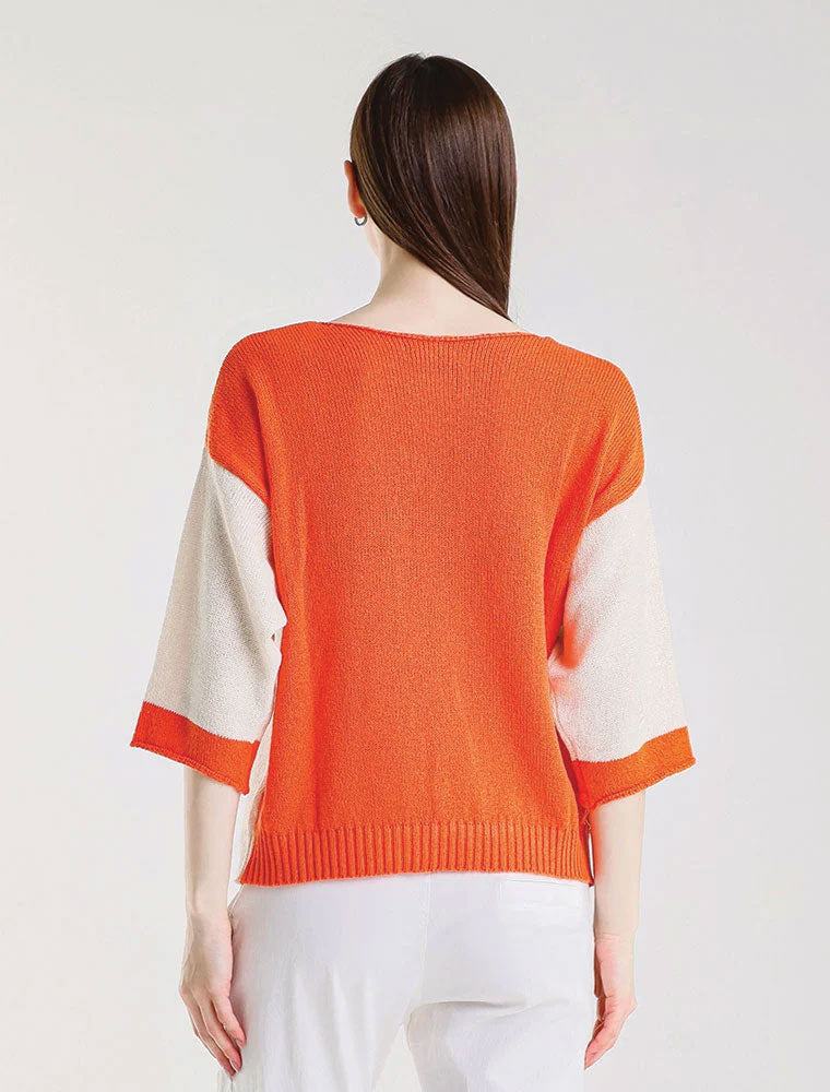 Color Contrast Front Pocket Sweater, Ivory/Orange
